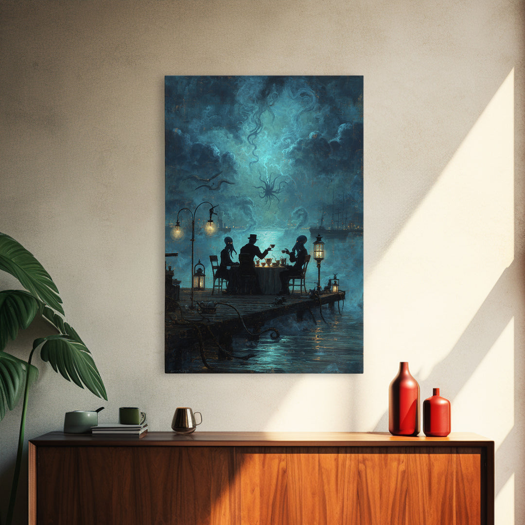 The Tea Party At Innsmouth Pier, Vertical Wall Art, Gothic Horror Wall Art, Canvas Print, Halloween Wall Decor, Gothic Home Decor