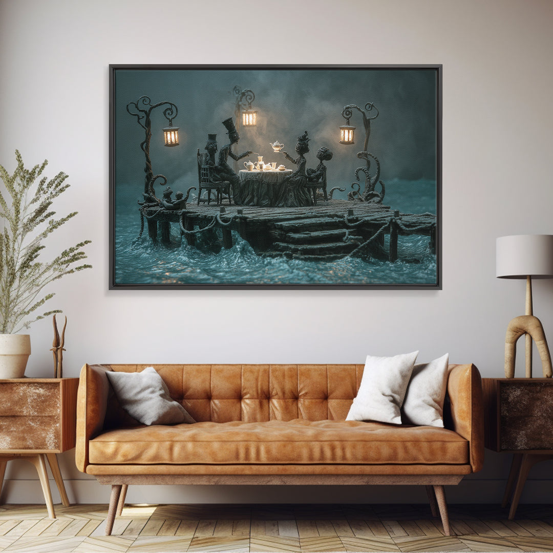 The Tea Party At Innsmouth Pier, Landscape Wall Art, Spooky Home Decor, Framed Canvas Print, Halloween Wall Decor, Gothic Home Decor