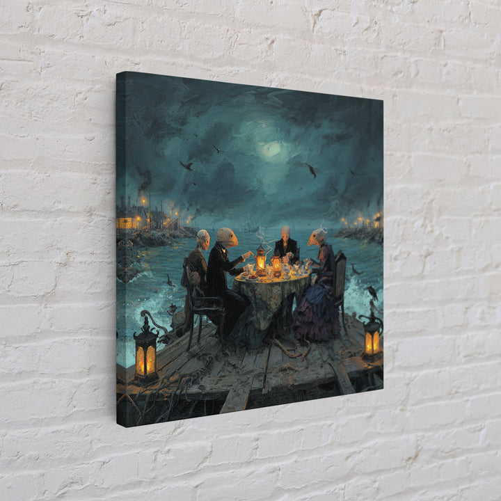 The Tea Party At Innsmouth Pier, Square Wall Art, Lovecraftian Horror Art, Framed Canvas Print, Halloween Wall Decor, Gothic Home Decor