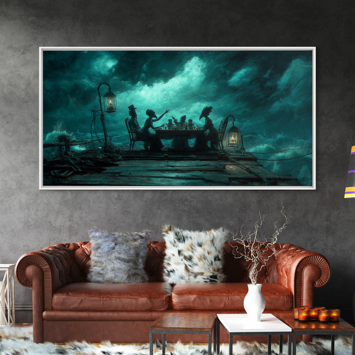 The Tea Party At Innsmouth Pier, Wide Panoramic Art, Haunted Gothic Art, Framed Canvas Print, Halloween Wall Decor, Gothic Home Decor