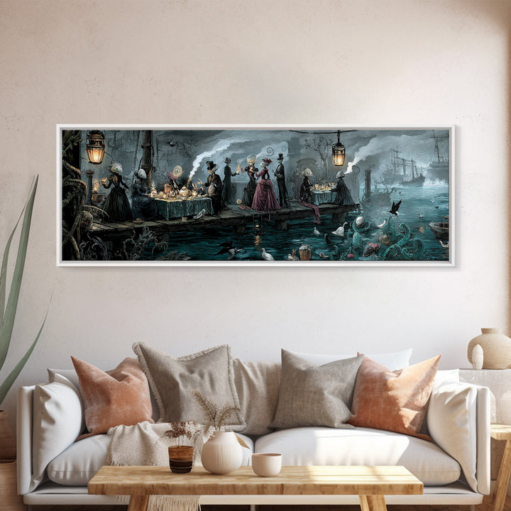 The Tea Party At Innsmouth Pier, Extra Wide Wall Art, Gothic Horror Wall Art, Framed Canvas Print, Halloween Wall Decor, Gothic Home Decor