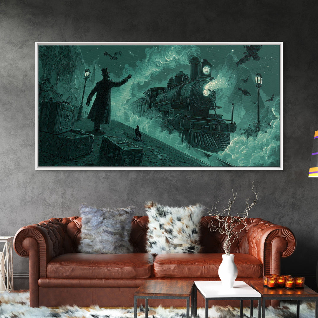 The Phantom Train To Kadath, Wide Panoramic Art, Macabre Wall Art, Framed Canvas Print, Halloween Wall Decor, Gothic Home Decor