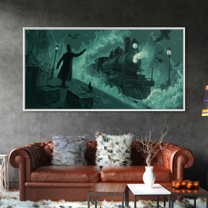 The Phantom Train To Kadath, Wide Panoramic Art, Macabre Wall Art, Framed Canvas Print, Halloween Wall Decor, Gothic Home Decor