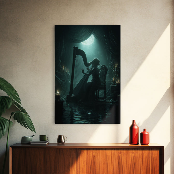 The Harpist Of Abyssal Sleep, Vertical Wall Art, Haunted Gothic Art, Canvas Print, Halloween Wall Decor, Gothic Home Decor