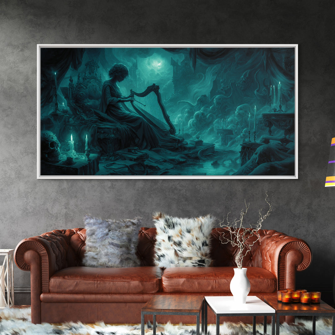 The Harpist Of Abyssal Sleep, Wide Panoramic Art, Lovecraftian Horror Art, Framed Canvas Print, Halloween Wall Decor, Gothic Home Decor