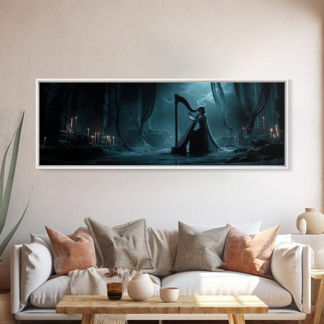 The Harpist Of Abyssal Sleep, Extra Wide Wall Art, Dark Fantasy Wall Art, Canvas Print, Halloween Wall Decor, Gothic Home Decor