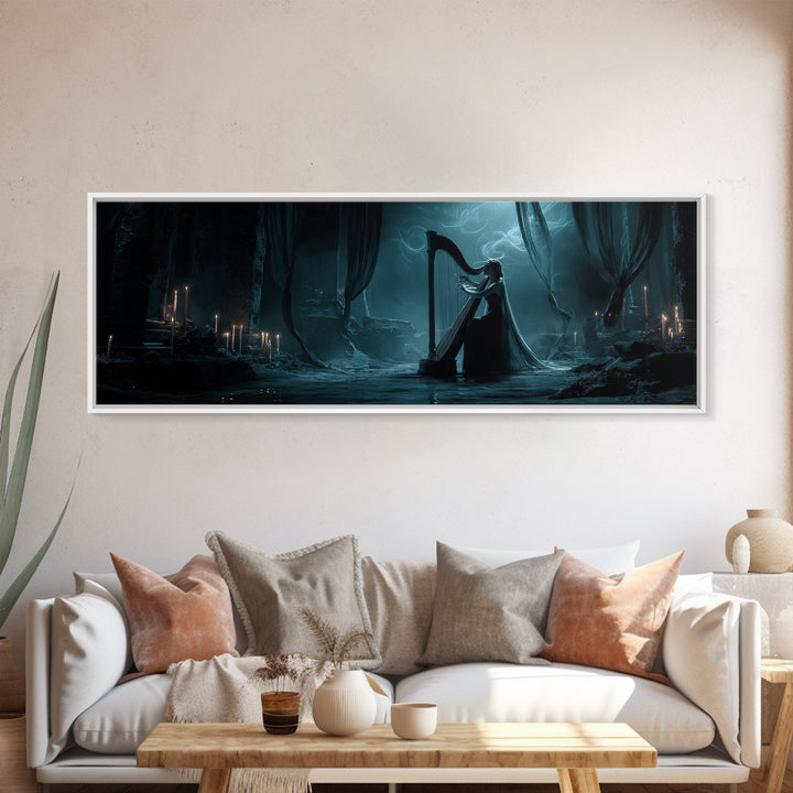 The Harpist Of Abyssal Sleep, Extra Wide Wall Art, Dark Fantasy Wall Art, Canvas Print, Halloween Wall Decor, Gothic Home Decor