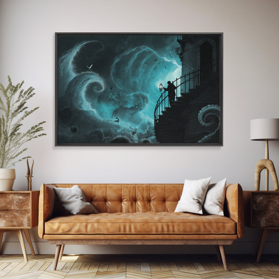 The Last Lighthouse Of Y’Ha-Nthlei, Landscape Wall Art, Macabre Wall Art, Framed Canvas Print, Halloween Wall Decor, Gothic Home Decor