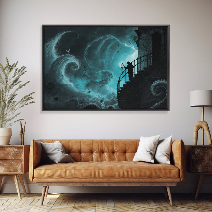 The Last Lighthouse Of Y’Ha-Nthlei, Landscape Wall Art, Macabre Wall Art, Framed Canvas Print, Halloween Wall Decor, Gothic Home Decor