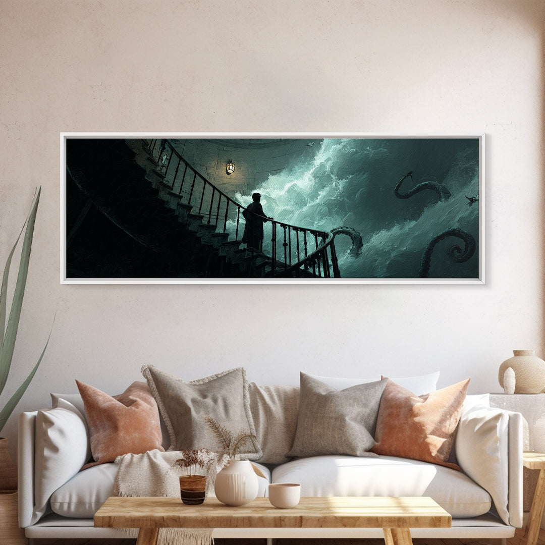 The Last Lighthouse Of Y’Ha-Nthlei, Extra Wide Wall Art, Lovecraftian Horror Art, Canvas Print, Halloween Wall Decor, Gothic Home Decor