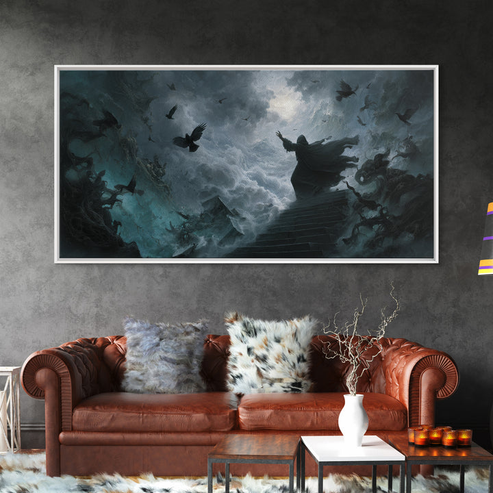 The Raven Sermon Of Leng, Wide Panoramic Art, Lovecraftian Horror Art, Canvas Print, Halloween Wall Decor, Gothic Home Decor