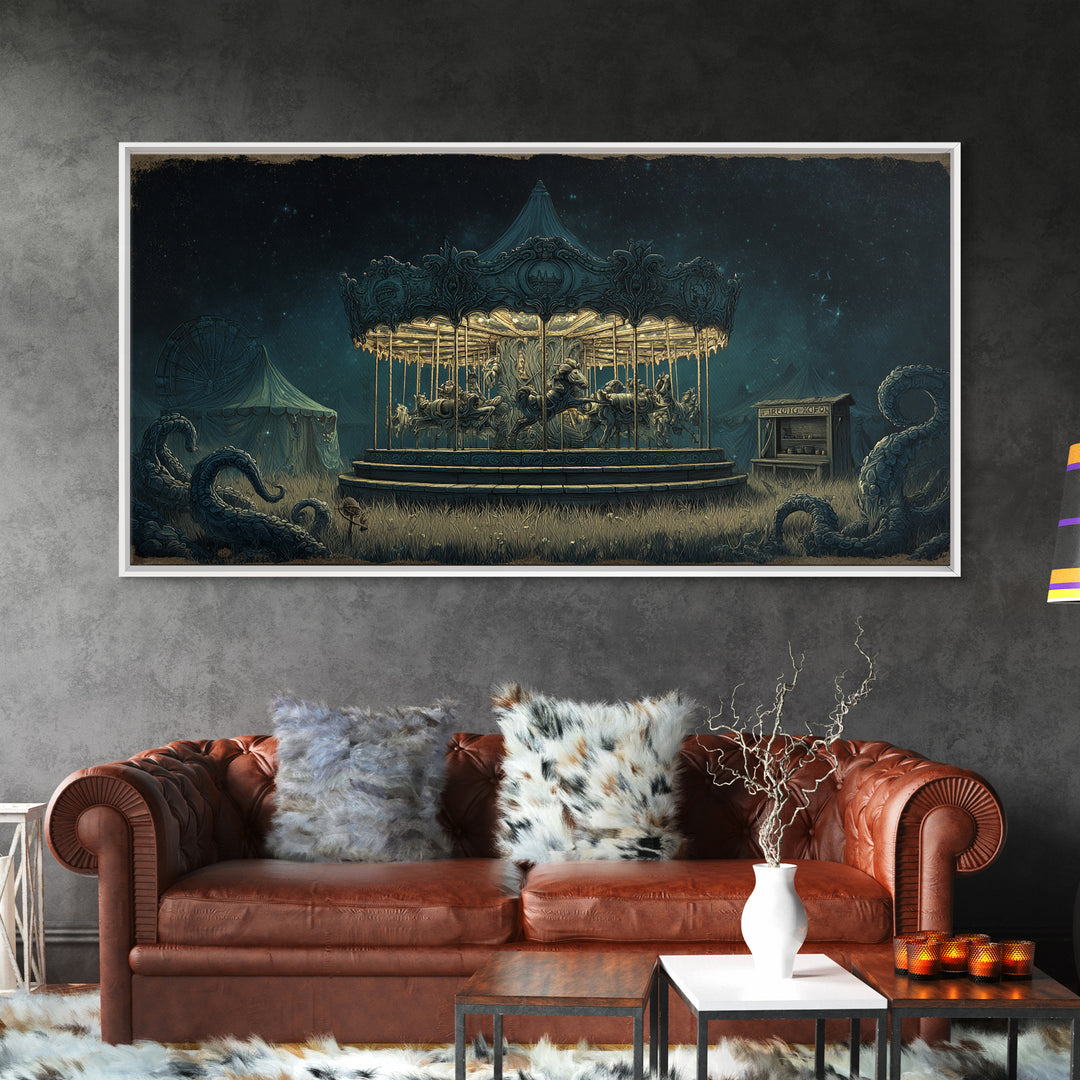 The Carousel Of Sleeping Planets, Wide Panoramic Art, Lovecraftian Horror Art, Canvas Print, Halloween Wall Decor, Gothic Home Decor