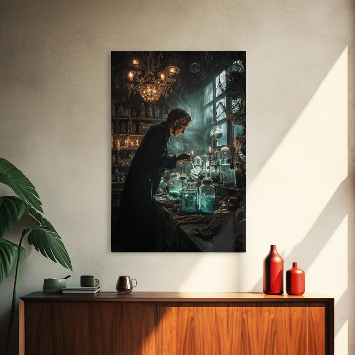 The Apothecary Of Black Seashell Dreams, Vertical Wall Art, Haunted Gothic Art, Framed Canvas Print, Halloween Wall Decor, Gothic Home Decor