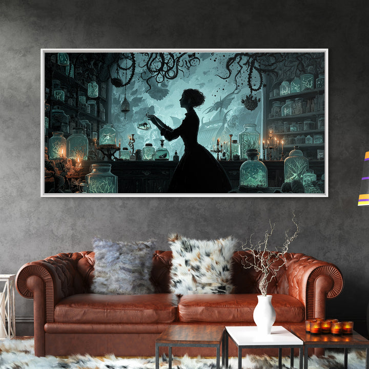 The Apothecary Of Black Seashell Dreams, Wide Panoramic Art, Cosmic Horror Wall Art, Canvas Print, Halloween Wall Decor, Gothic Home Decor