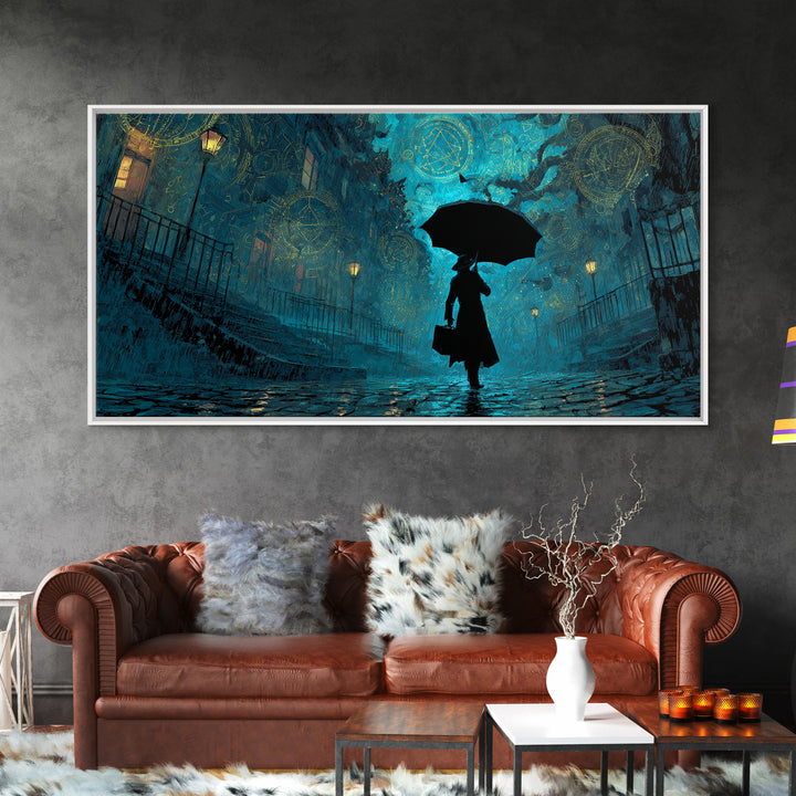The Umbrella Of The Outer Rain, Wide Panoramic Art, Haunted Gothic Art, Framed Canvas Print, Halloween Wall Decor, Gothic Home Decor