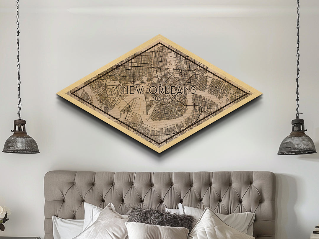 New Orleans Diamond Shaped City Map, Custom Diamond Shaped Wall Art, City Map Canvas