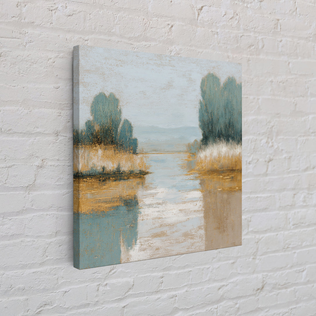 Sunlit Lake with Calming Reflections Framed Canvas Print, Dental Office Art, Dental Gift, Office Decor, Oil Painting, Calm, DOA-1x1-63