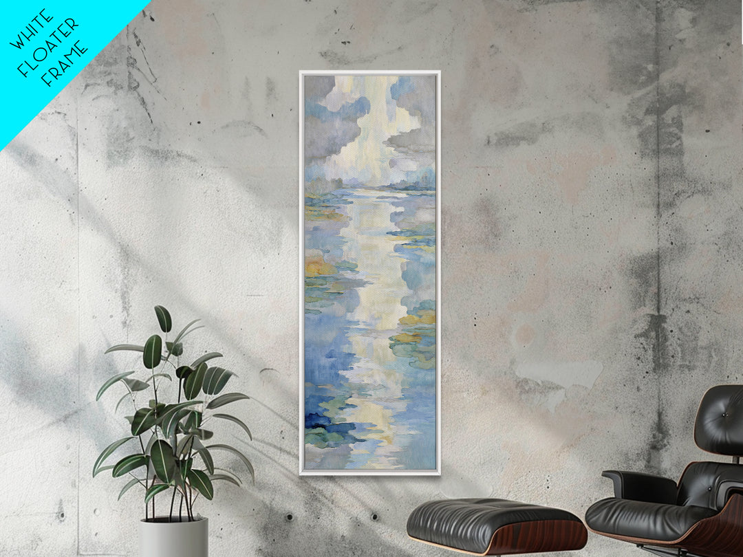 Sunlit Lake with Calming Reflections Framed Canvas Print, Dental Office Art, Wall Art, Office Decor, Oil Painting, Calm, DOA-1x3-75