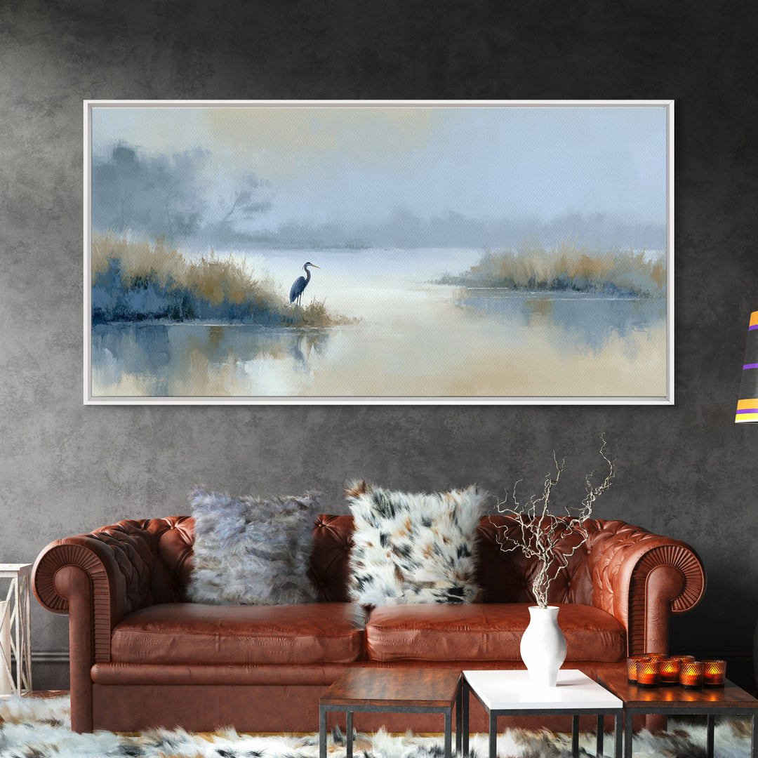 Blue Heron by Calm Marsh Water Framed Canvas Print, Dental Office Art, Tooth Art, Office Decor, Fine Art, Calm, Modern Decor, DOA-2x1-19