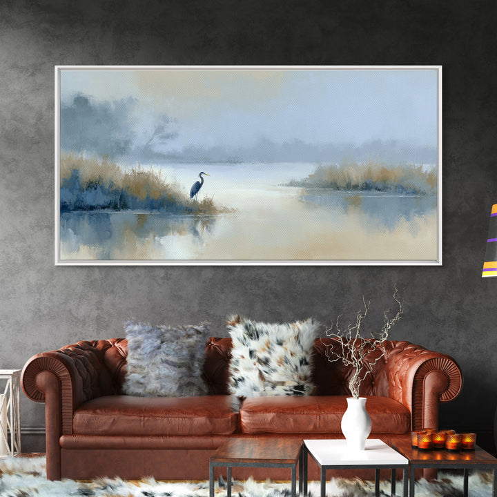 Blue Heron by Calm Marsh Water Framed Canvas Print, Dental Office Art, Tooth Art, Office Decor, Fine Art, Calm, Modern Decor, DOA-2x1-19