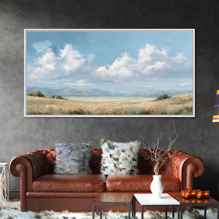 Peaceful Clouds over Open Meadow Framed Canvas Print, Dental Office Art, Modern Decor, Office Decor, Fine Art, Calm, Poster, DOA-2x1-29