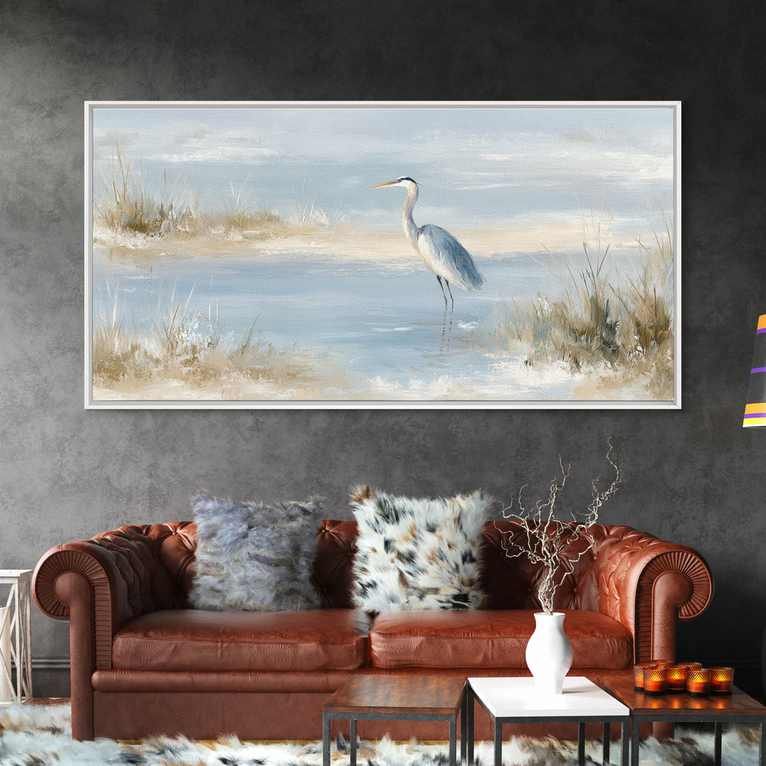 Blue Heron by Calm Marsh Water Framed Canvas Print, Dental Office Art, Contemporary Art, Office Decor, Fine Art, Calm, DOA-2x1-43