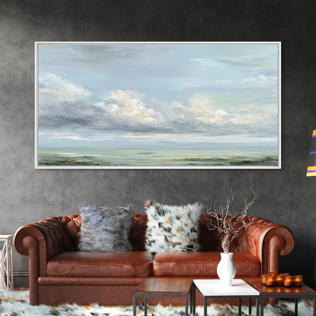 Peaceful Clouds over Open Meadow Framed Canvas Print, Dental Office Art, Modern Decor, Office Decor, Fine Art, Calm, Poster, DOA-2x1-5