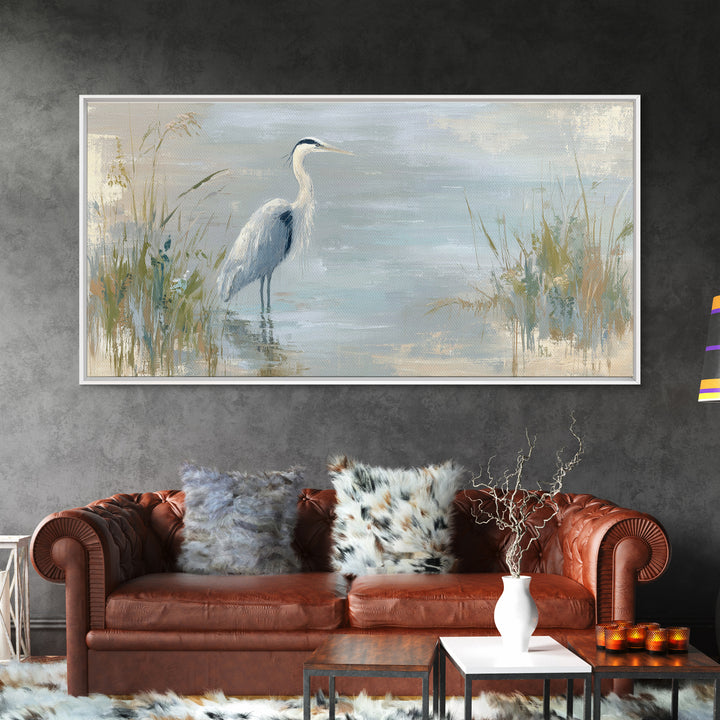 Blue Heron by Calm Marsh Water Framed Canvas Print, Dental Office Art, Tooth Art, Office Decor, Fine Art, Calm, Modern Decor, DOA-2x1-67