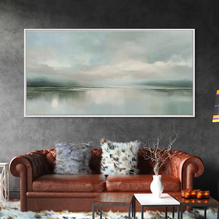 Sunlit Lake with Calming Reflections Framed Canvas Print, Dental Office Art, Boho Decor, Office Decor, Oil Painting, Calm, DOA-2x1-83