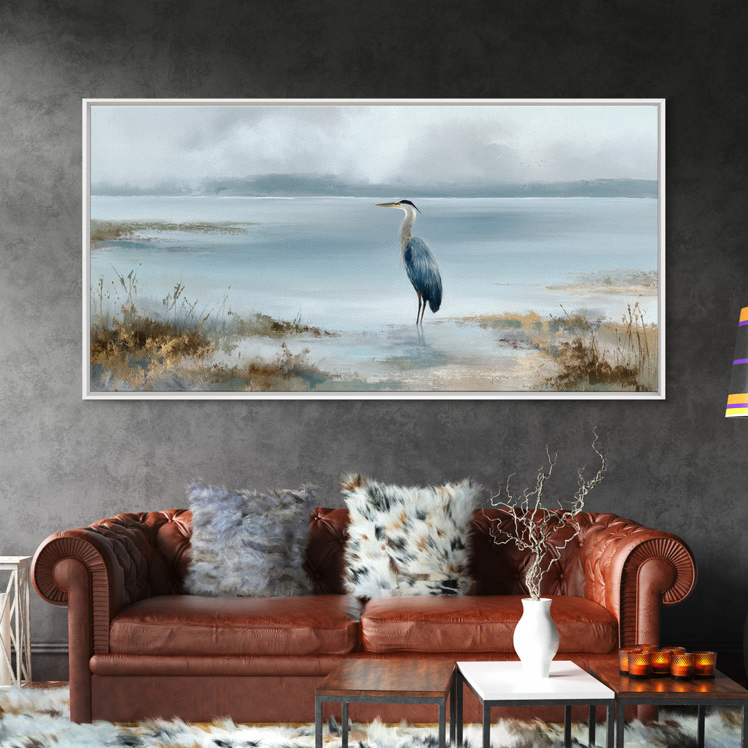 Blue Heron by Calm Marsh Water Framed Canvas Print, Dental Office Art, Contemporary Art, Office Decor, Fine Art, Calm, DOA-2x1-91