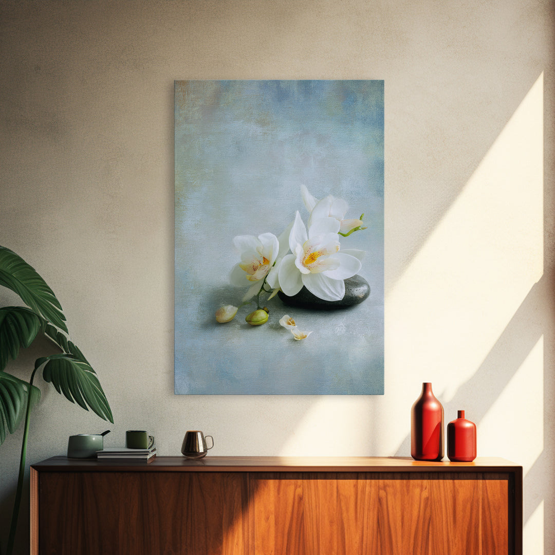 White Orchid on Stone Background Framed Canvas Print, Dental Office Art, Modern Decor, Office Decor, Oil Painting, Calm, DOA-2x3-20
