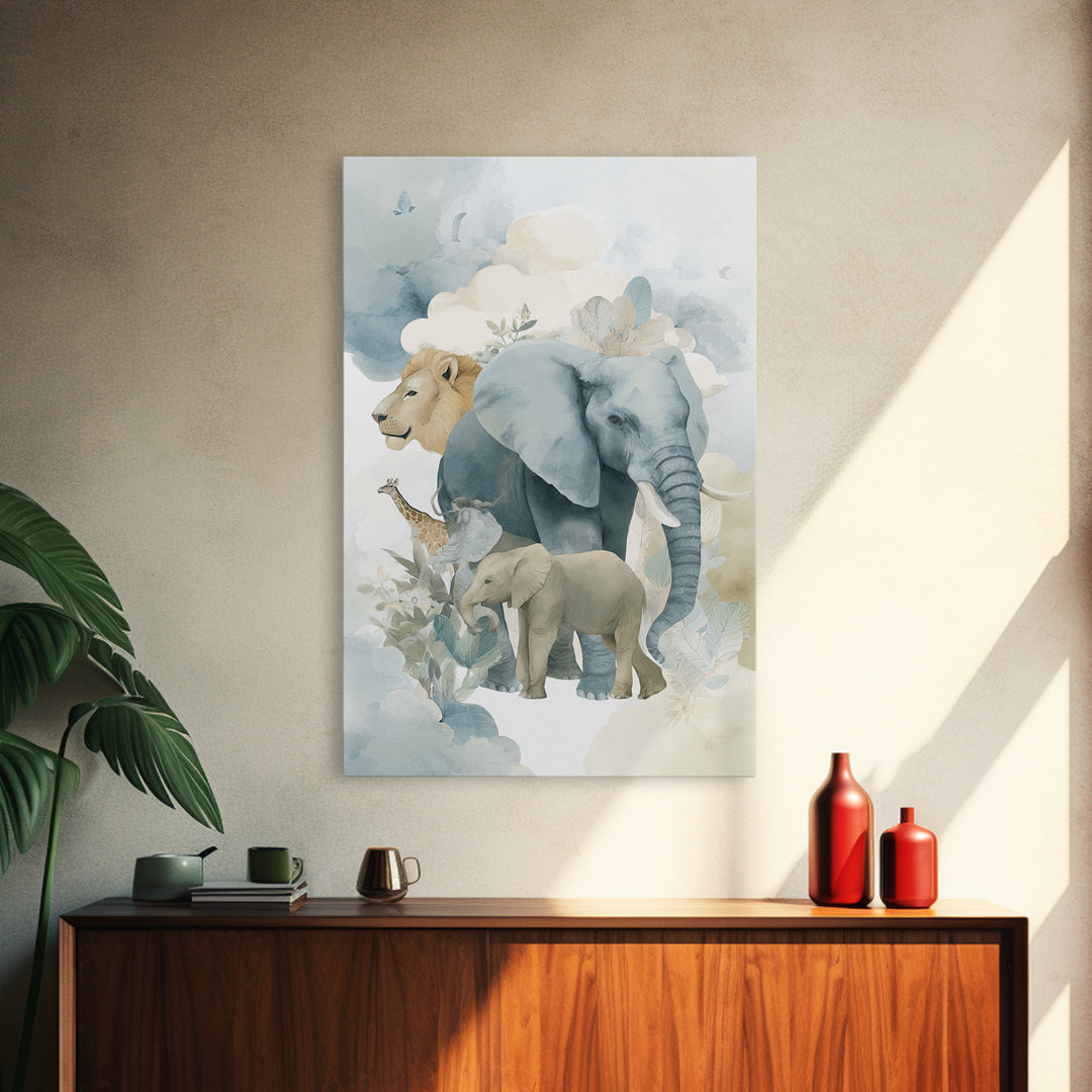 Happy Jungle Animals Framed Canvas Print, Dental Office Art, Textured Painting, Office Decor, Calm, Room Decor Aesthetic, DOA-2x3-94