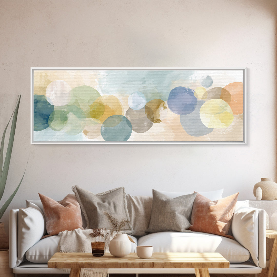 Simple Rainbow Pastel Shapes for Children Framed Canvas Print, Dental Office Art, Office Decor, Abstract Art, Calm, DOA-3x1-37