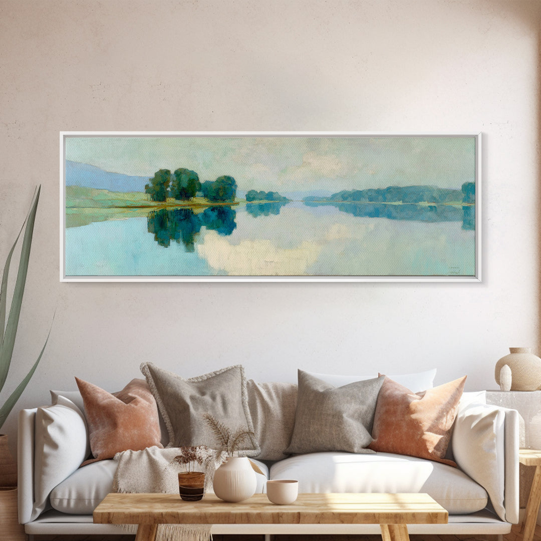 Sunlit Lake with Calming Reflections Framed Canvas Print, Dental Office Art, Boho Decor, Office Decor, Oil Painting, Calm, DOA-3x1-55