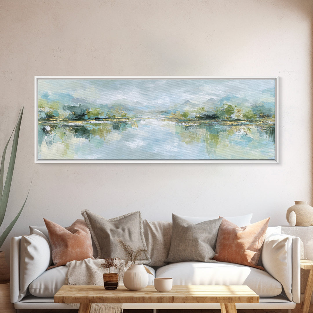 Sunlit Lake with Calming Reflections Framed Canvas Print, Dental Office Art, Dental Gift, Office Decor, Watercolor Art, Calm, DOA-3x1-7