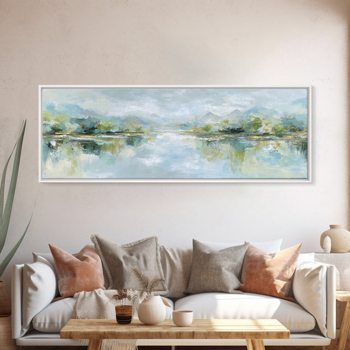 Sunlit Lake with Calming Reflections Framed Canvas Print, Dental Office Art, Dental Gift, Office Decor, Watercolor Art, Calm, DOA-3x1-7