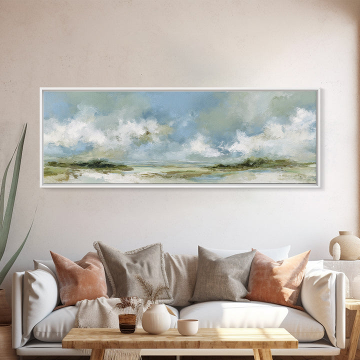 Peaceful Clouds over Open Meadow Framed Canvas Print, Dental Office Art, Dental Wall Art, Office Decor, Oil Painting, Calm, DOA-3x1-73