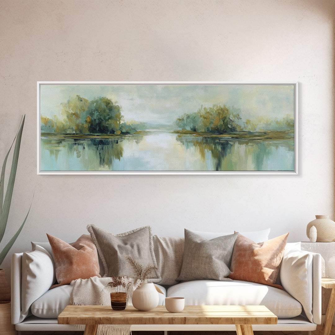 Sunlit Lake with Calming Reflections Framed Canvas Print, Dental Office Art, Printable Wall Art, Office Decor, Fine Art, Calm, DOA-3x1-79