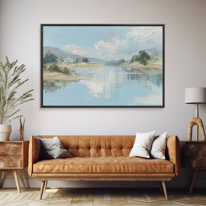 Sunlit Lake with Calming Reflections Framed Canvas Print, Dental Office Art, Wall Art, Office Decor, Watercolor Art, Calm, DOA-3x2-19