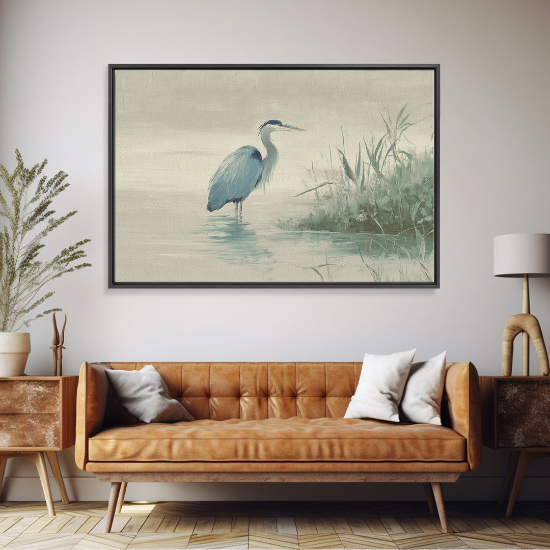 Blue Heron by Calm Marsh Water Framed Canvas Print, Dental Office Art, Textured Painting, Office Decor, Fine Art, Calm, DOA-3x2-27