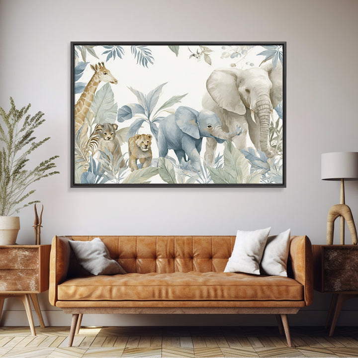 Happy Jungle Animals Framed Canvas Print, Dental Office Art, Minimalist Wall Art, Office Decor, Fine Art, Calm, Dental Decor, DOA-3x2-90