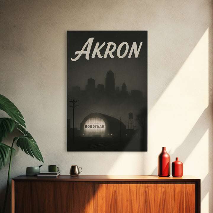Akron Ohio Travel Poster, Canvas Print, Black And White Travel Art, Akron Wall Art, Vintage Travel Print, Travel Poster Art, City Art Print