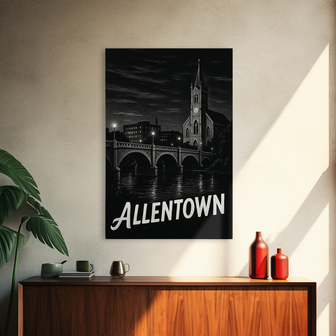 Allentown Travel Poster, Framed Canvas Print, Vintage Noir Poster Art, Allentown City Art, Travel Wall Art, Living Room Wall Art