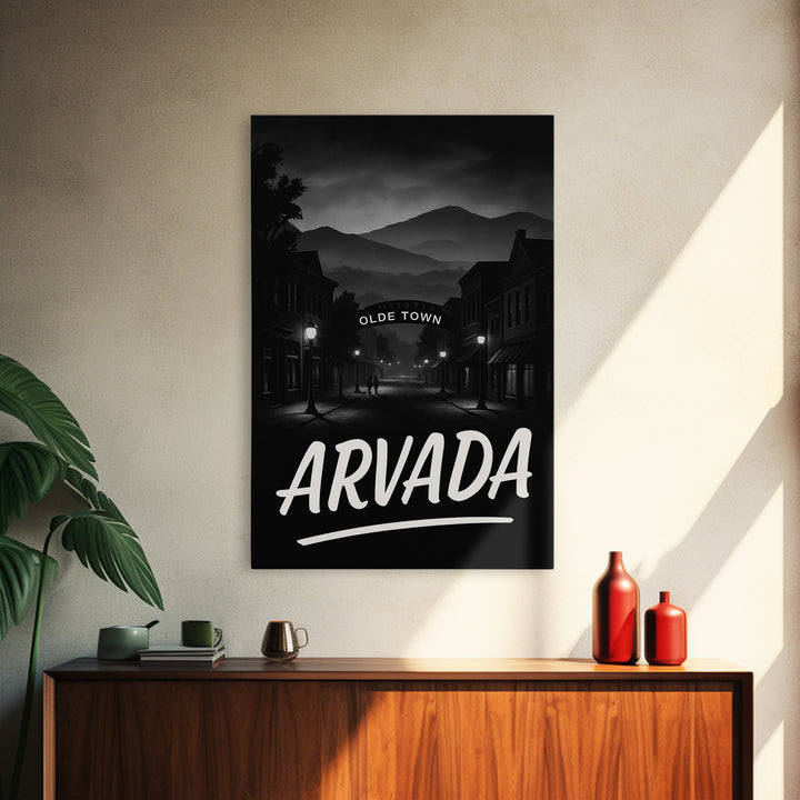 Arvada Travel Poster, Framed Canvas Print, Black And White Travel Art, Arvada Poster Print, City Art Print, Watercolor Downtown Skyline