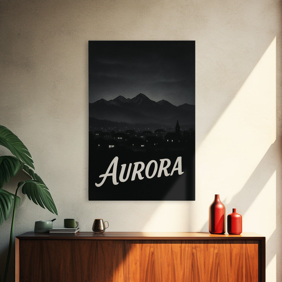 Aurora Travel Poster, Framed Canvas Print, Dark Moody City Wall Art, Aurora Poster Print, Vintage Travel Art, City Art Print, Poster Art