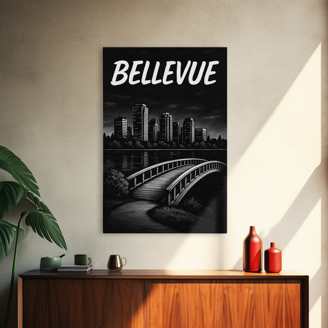 Bellevue Travel Poster, Framed Canvas Print, Black And White Travel Art, Bellevue Wall Art, Modern Wall Decor, Travel Art Print