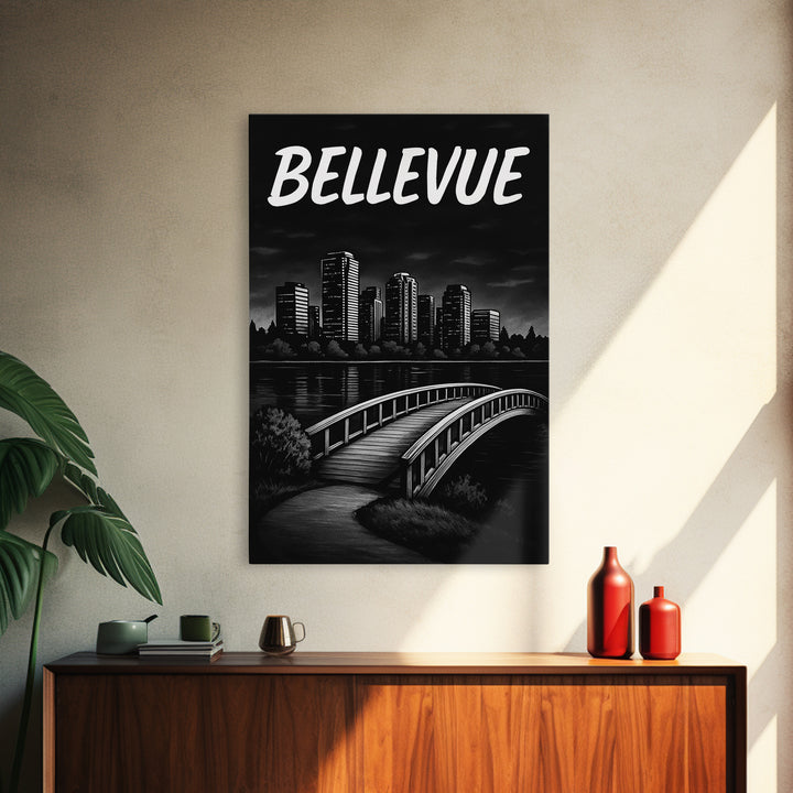 Bellevue Travel Poster, Framed Canvas Print, Black And White Travel Art, Bellevue Wall Art, Modern Wall Decor, Travel Art Print