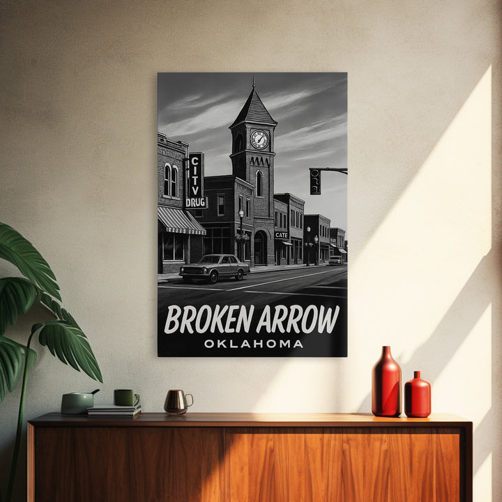 Broken Arrow Travel Poster, Framed Canvas Print, Dark Moody City Wall Art, Broken Arrow Art Print, Mid Century Wall Art, City Art Print