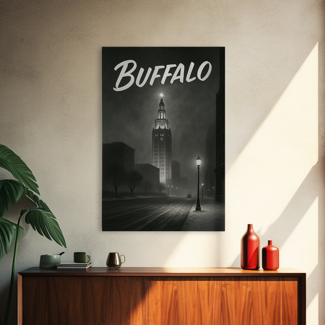 Buffalo Travel Poster, Framed Canvas Print, Dark Moody City Wall Art, Buffalo Poster Print, City Art Print, Vintage City Art, Art Print