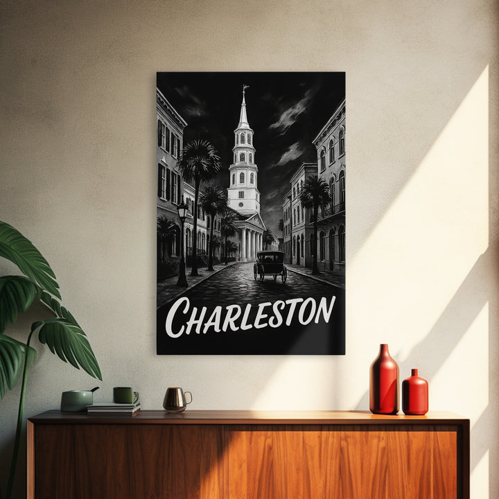 Charleston Travel Poster, Canvas Print, Black And White Travel Art, Charleston City Art, Travel Wall Decor, Watercolor Skyline Art